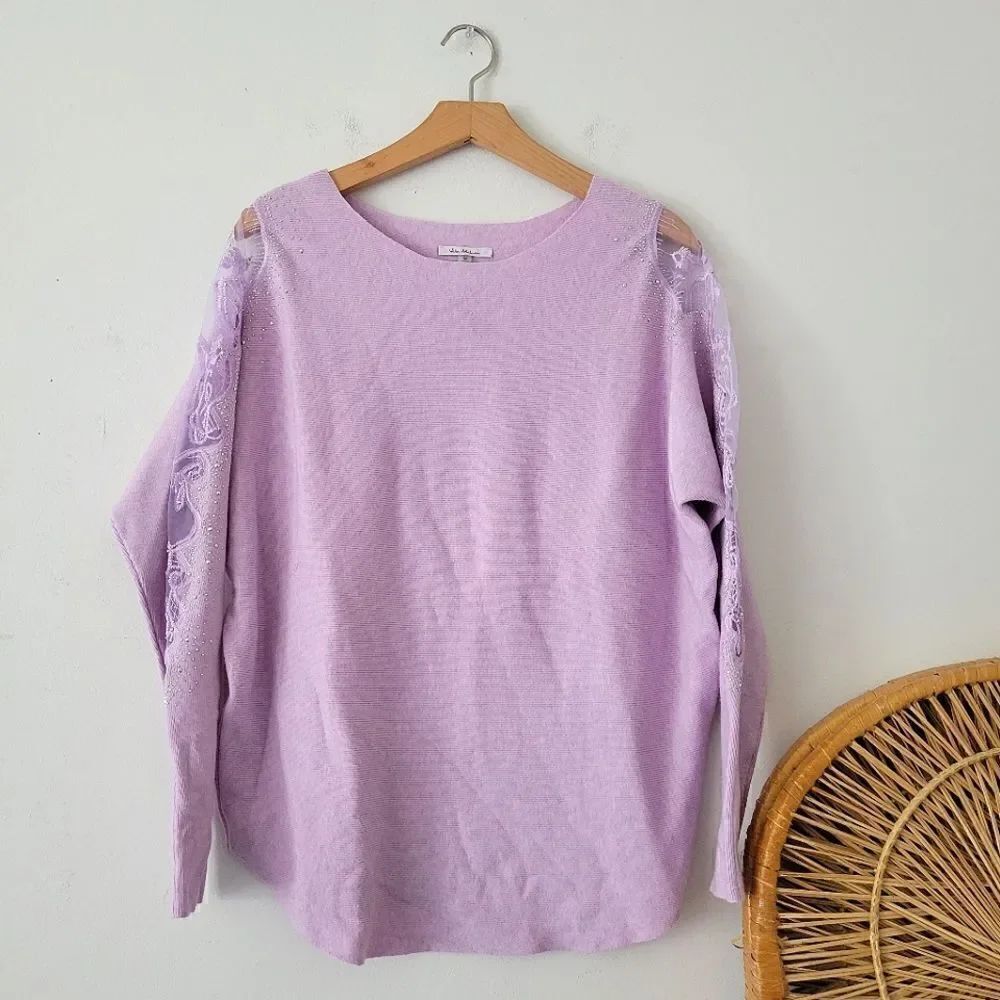 Vila Milano Purple Sweater Lace Rhinestone Sheer Sleeve Detail M